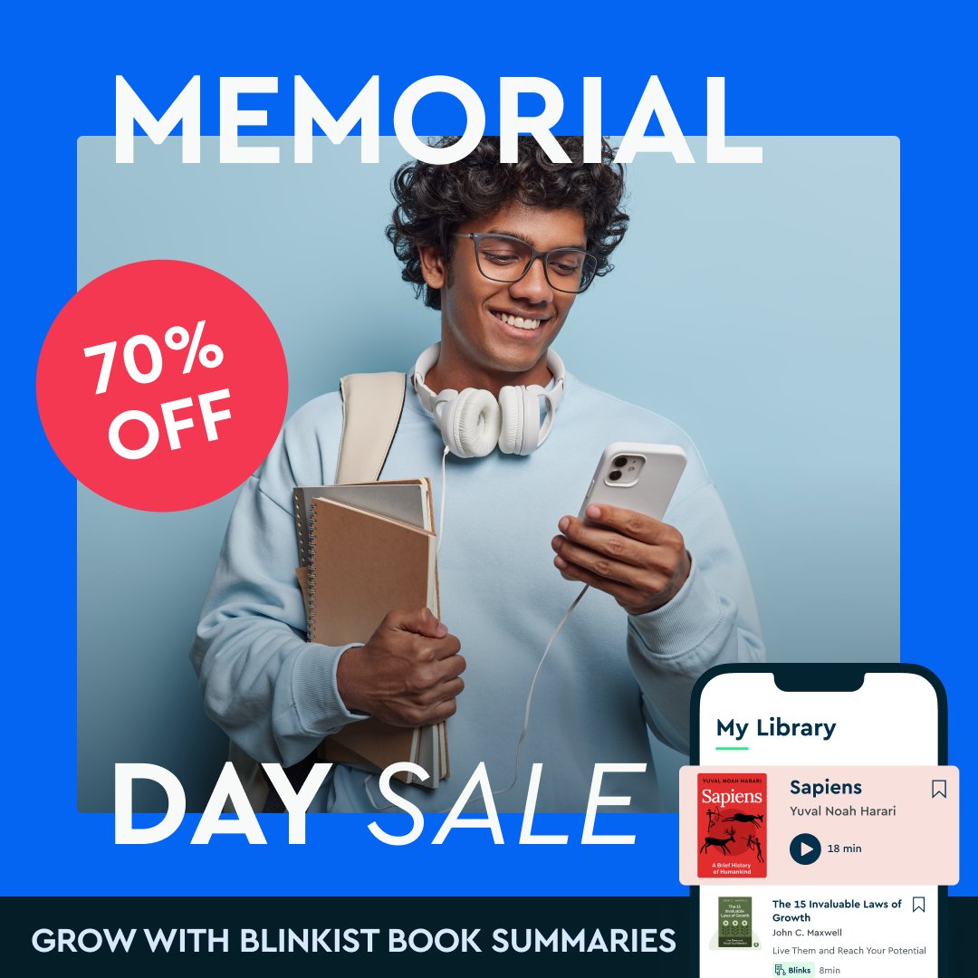 Our Memorial Day Sale has officially started 🚀 !
Get now more than 6500+ book summaries on diverse categories with 70% off 🤯 ➡️ blnk.st/Flash_Sale_70 ⬅️ 
#MemorialDay #MemorialDaySale