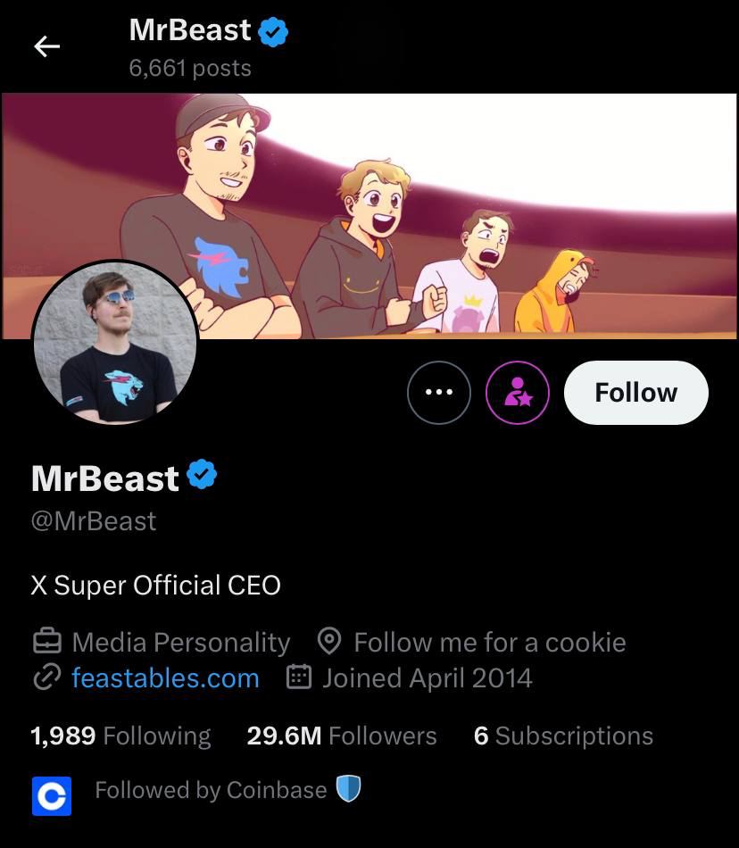 $BEAST has a great narrative for incoming #BASE ERA. Coinbase follows Mr.Beast, and the only other person they follow outside of Coinbase team members is Kevin Durant who publicly supports them. Mr.Beast most likely won't shill individual projects but he could come on-board as