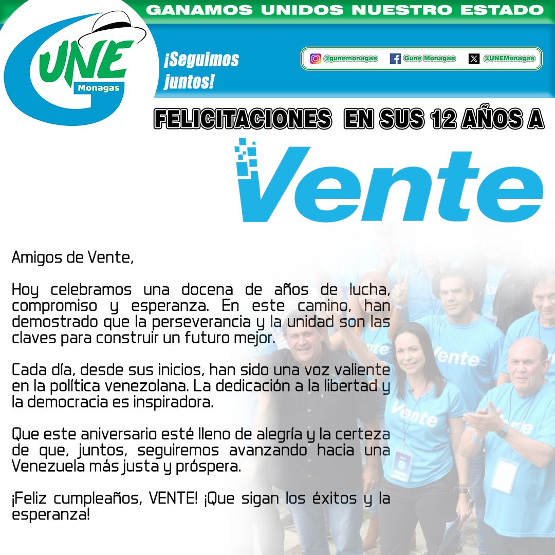 Felicitaciones @VenteVenezuela desde GUNE... @MariaCorinaYA @VenteVMonagas