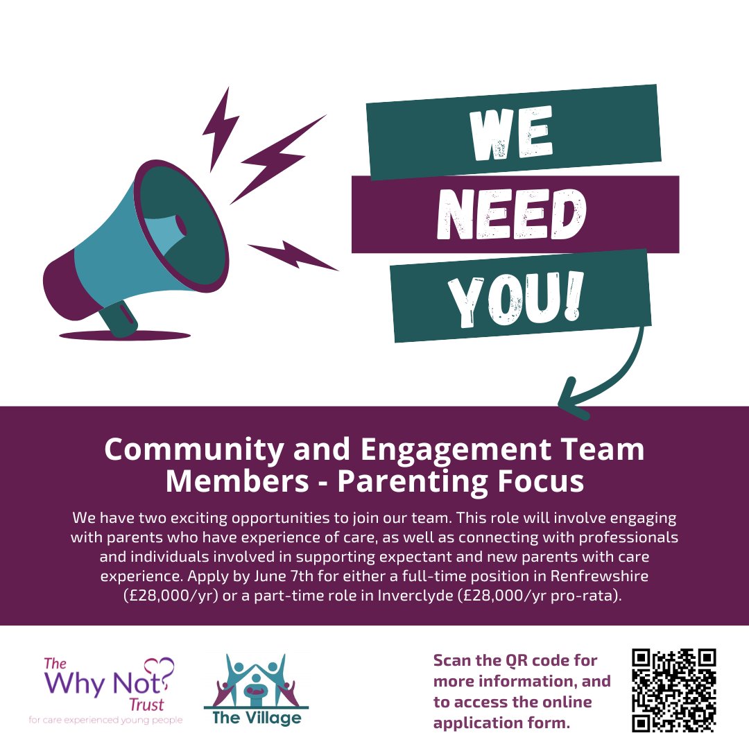 We're hiring! Join us as Community and Engagement Team Members - Parenting Focus. Full-time and part-time positions available in Renfrewshire (full-time) and Inverclyde (part-time). Apply by 7th June! 👉 whynottrust.org/about-us/vacan…