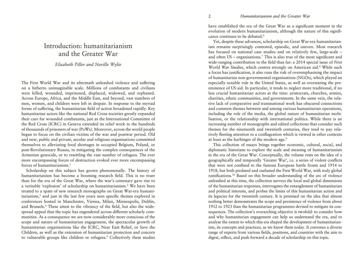 Nouvelle #lecture. Un volume important sur l'histoire de l'humanitaire dans la Plus Grande Guerre : @elisabmpiller & Neville Wylie, 'Humanitarianism and the Greater War, 1914–24' chez @ManchesterUP. Un bilan historiographique très fin dès l'introduction. À lire ! #1GM #WW1 📚📖