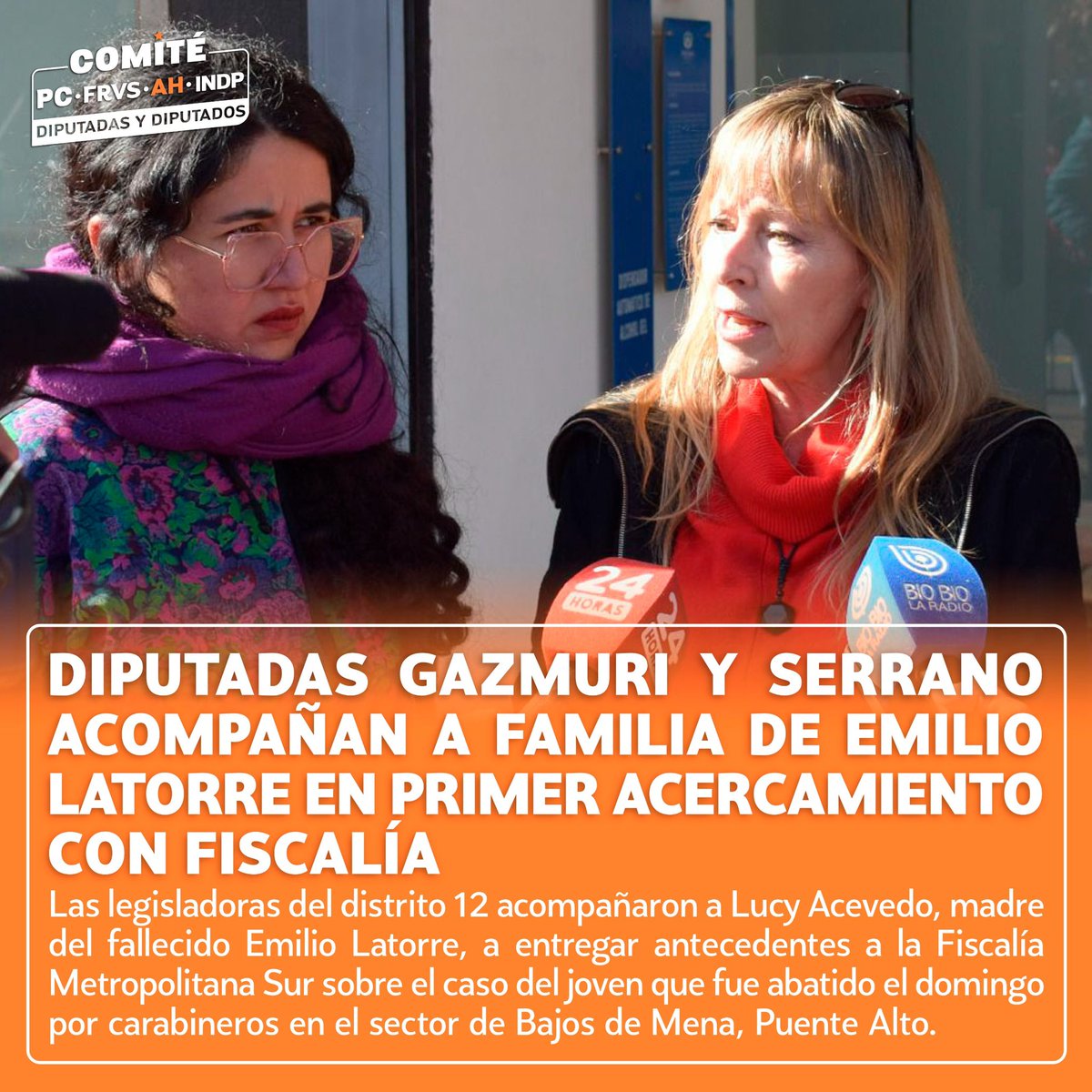 🟠Las diputadas @AnaMariaGazmuri (AH) y @SerranoDaniela_ (PC),acompañaron hasta la Fiscalía Metropolitana Sur a la madre de Emilio Latorre, joven de 18 años que falleció producto de un disparo efectuado por funcionarios de Carabineros el domingo 19 de mayo en Puente Alto.