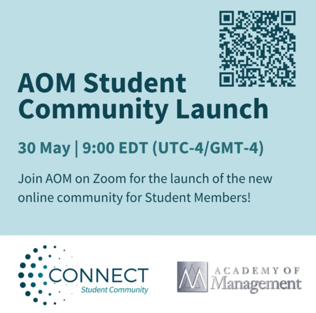 Are you a member of @AOMConnect? Are you a student? Come to the Student Community Launch. Goals are to foster utilization of AOM resources and collaboration between student members. We are also building a pool of student ambassadors. #management #aomscholars #aomstudents #aom2024