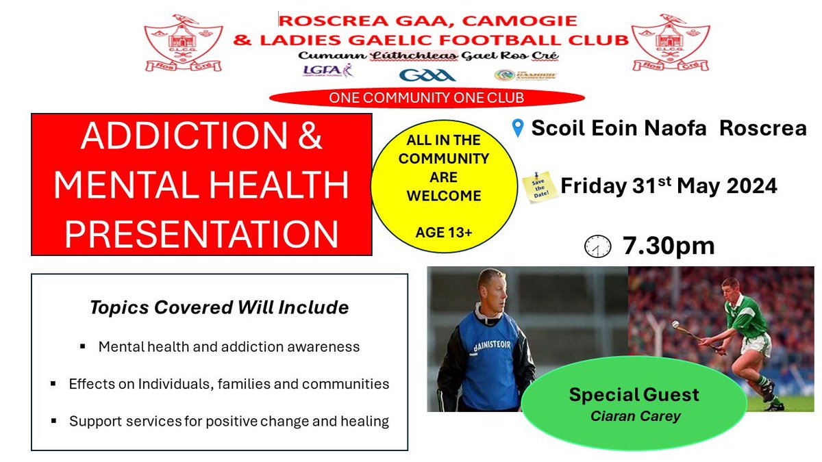 Presentation on Addiction with Ciaran Carey. We would like to see all adult players, coaches and all juveniles 13+ along with their parents.