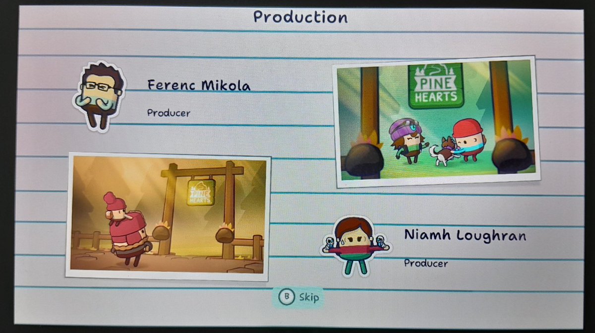 @pineheartsgame And here I am! In the end credits of Pine Hearts, together with my esteemed collegue and mentor Ferenc (also budgies Puca and Danu!). It's so nice to reflect on everything that took place to lead to this moment ... (1/6) 🧵