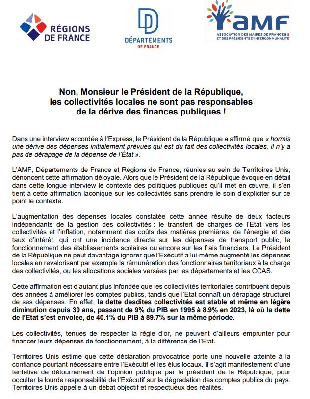 🔴[COMMUNIQUE DE PRESSE]
Non, Monsieur le Président de la République, les collectivités locales ne sont pas responsables de la dérive des finances publiques !

💬Dans une interview accordée à l’Express, le Président de la République a affirmé que « hormis une dérive des dépenses