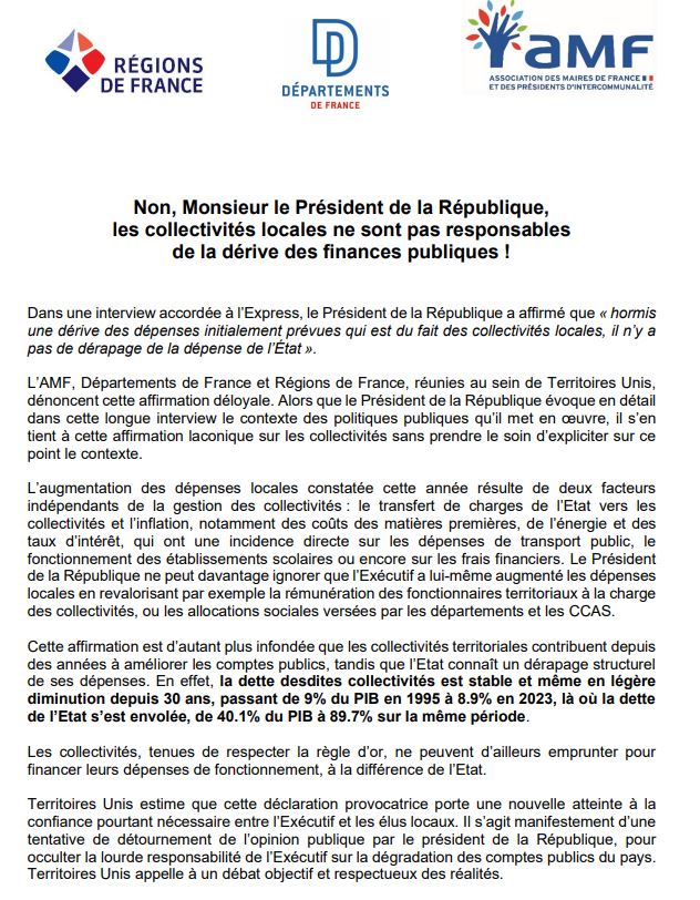 🔴[COMMUNIQUE DE PRESSE] Non, Monsieur le Président de la République, les collectivités locales ne sont pas responsables de la dérive des finances publiques ! 💬Dans une interview accordée à l’Express, le Président de la République a affirmé que « hormis une dérive des dépenses