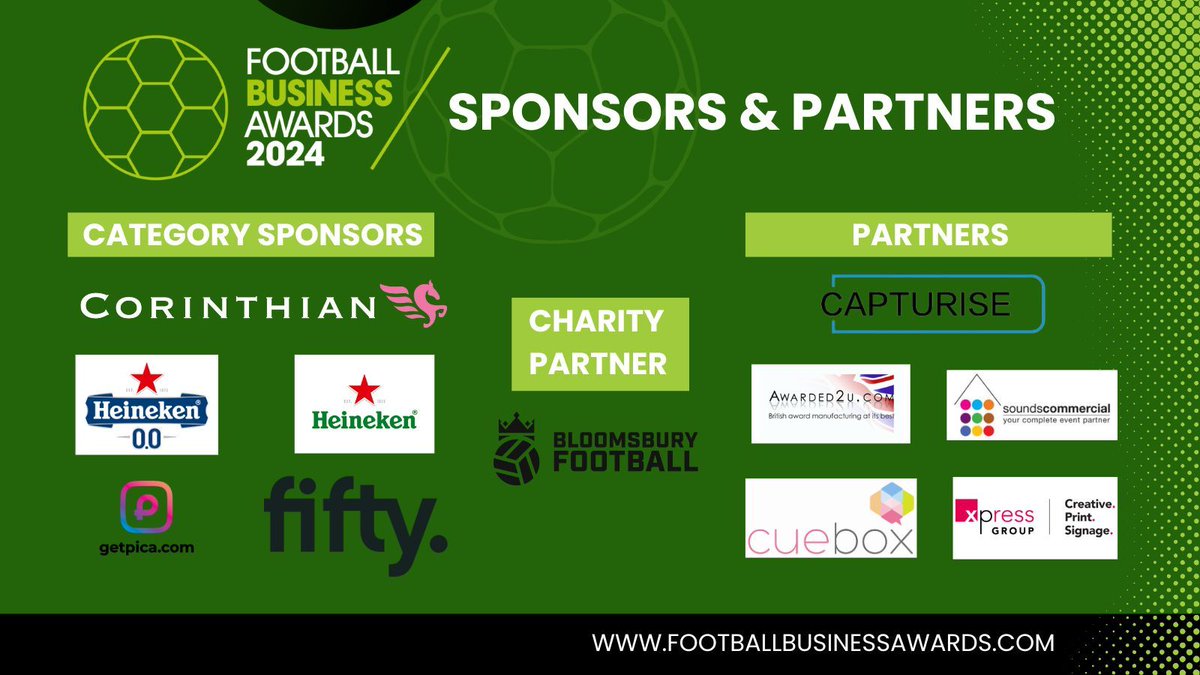 Sport & Football Biz Awards (@sbaandfba) on Twitter photo As we wrap up at #FBA24, we wanted to say one last HUGE THANK YOU to all our Sponsors and Partners -
@CorSPortsLtd <a href="/fifty_io/">fifty_io</a> <a href="/getpica/">getpica</a> <a href="/Heineken/">Heineken</a> <a href="/bloomsburyftbl/">Bloomsbury Football</a> <a href="/cueboxprompting/">Louise Cuebox</a> <a href="/capturise/">CAPTURISE</a> <a href="/XpressGroup/">Xpress Group</a> @Awarded2U @SpoundsComm
Do look them up! ▶️ bit.ly/3xshIFH As we wrap up at #FBA24, we wanted to say one last HUGE THANK YOU to all our Sponsors and Partners -
@CorSPortsLtd <a href="/fifty_io/">fifty_io</a> <a href="/getpica/">getpica</a> <a href="/Heineken/">Heineken</a> <a href="/bloomsburyftbl/">Bloomsbury Football</a> <a href="/cueboxprompting/">Louise Cuebox</a> <a href="/capturise/">CAPTURISE</a> <a href="/XpressGroup/">Xpress Group</a> @Awarded2U @SpoundsComm
Do look them up! ▶️ bit.ly/3xshIFH