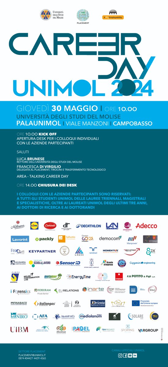 We are pleased to announce our participation at the #UnimolCareerDay again this year. An opportunity to directly raise awareness of our company, meet young university students looking for their first job and network with other national and international organizations
#savethedate