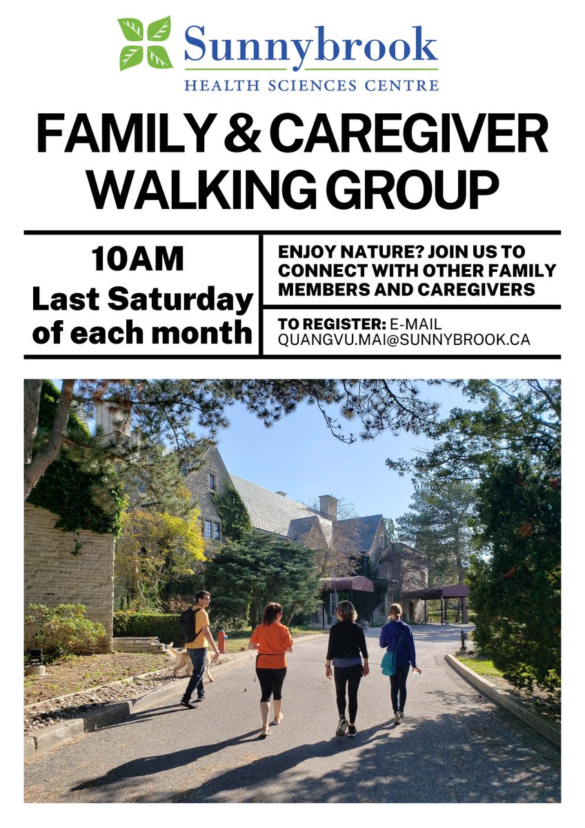 Did you know that Sunnybrook has a family and caregiver walking group? This takes place on the last Saturday of each month at 10 a.m. It’s a great way to connect with nature and a supportive community! Register today to be a part of the next walk! Check out the details below!