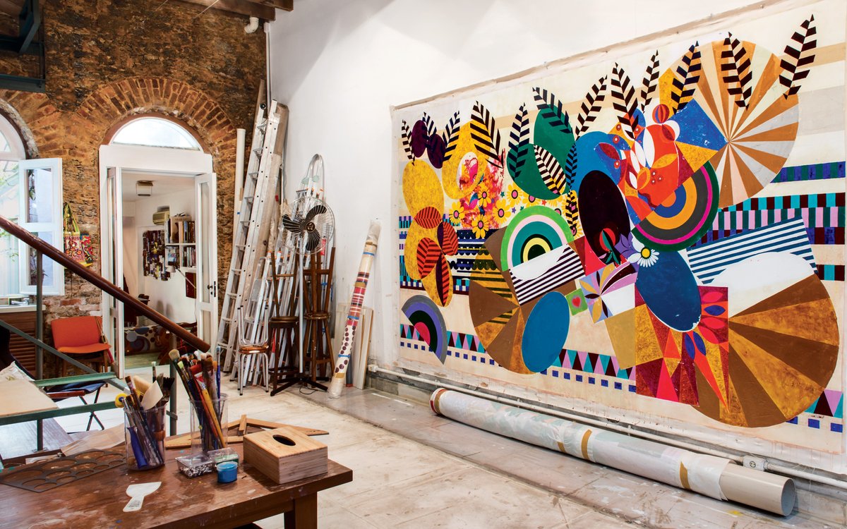 One of Beatriz Milhazes’s distinctive compositions hangs in her Rio de Janeiro studio. Over the past four decades, she has been creating spirited abstract compositions that explode with overlapping geometric shapes and patterns in vibrant colours...