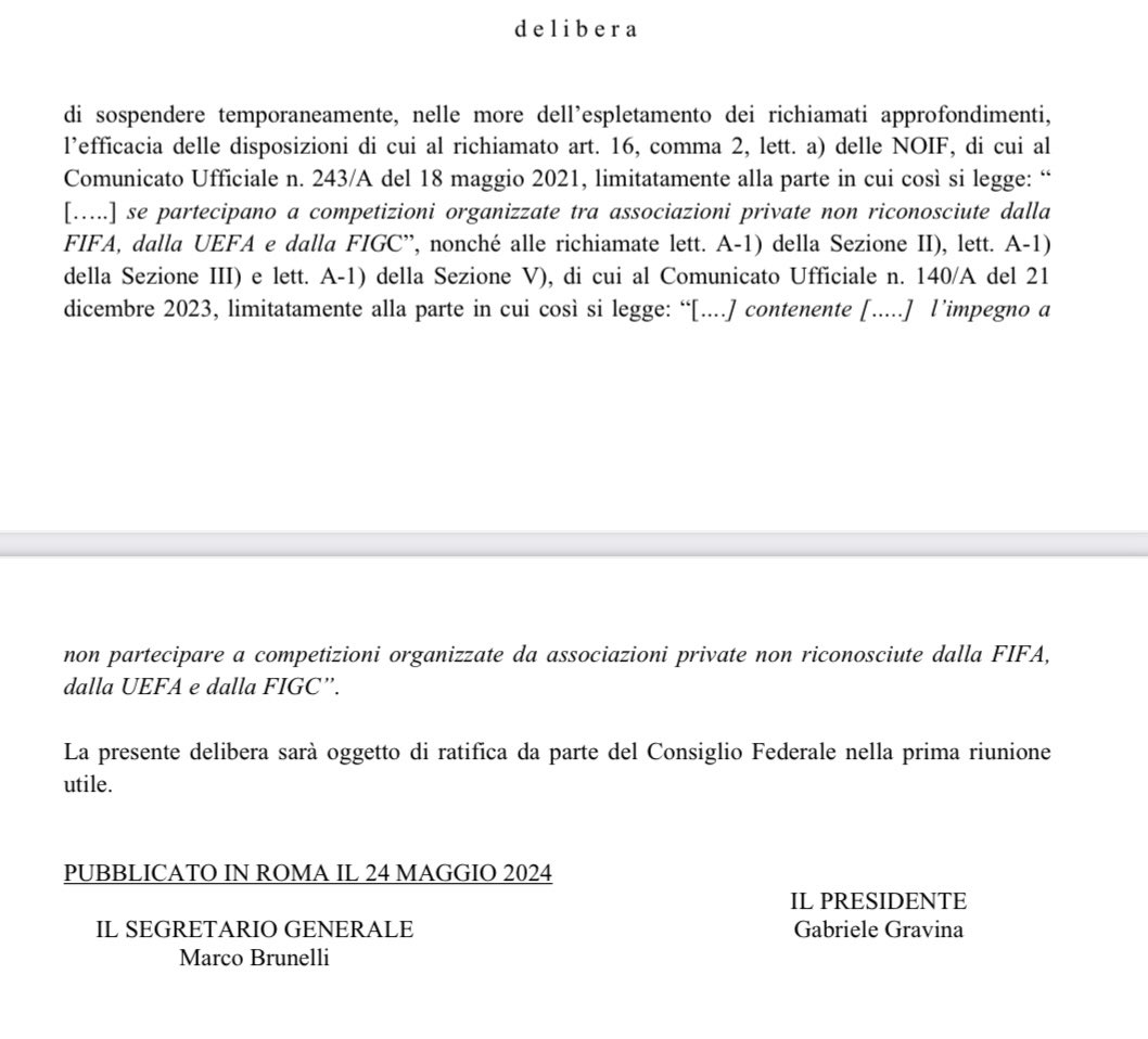 La #Figc recepisce la sentenza della Corte di Giustizia UE sul divieto di escludere dai campionati nazionali i club che dovessero prendere parte alla #Superlega o a competizioni non riconosciute da Fifa e Uefa