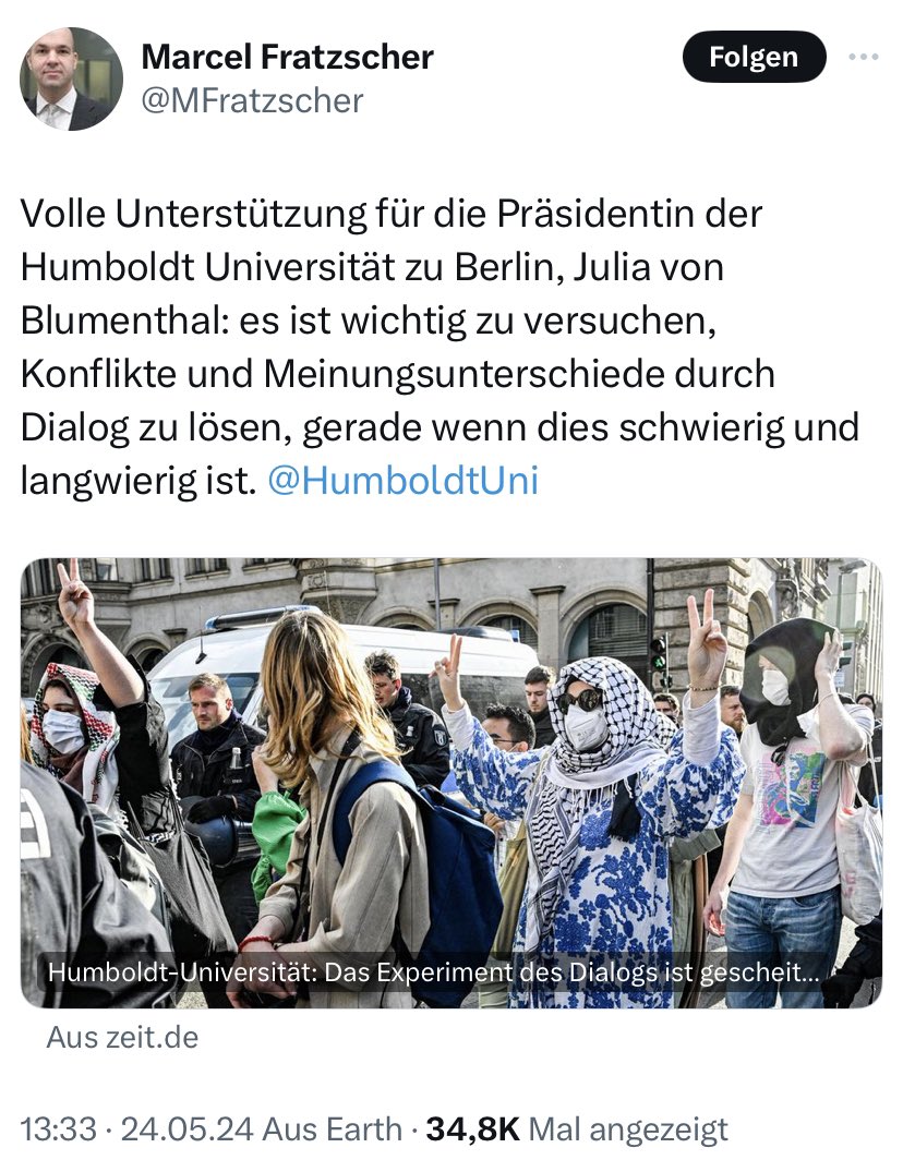 Würde der Präsident der @DIW_Berlin auch bei rechtsextremen Studenten zum Dialog aufrufen oder macht er das nur bei linksextremen und islamistischen Studenten?
