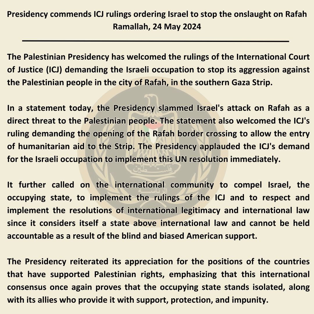 Statement by Palestinian Presidency on the ICJ Order 👇🏼