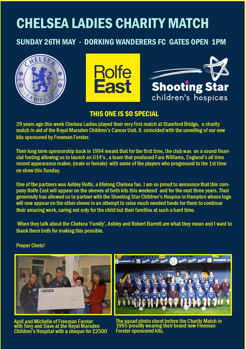 Delighted to announce that we have partnered with Rolfe East Estate Agents and their logo will now appear on both teams sleeves at the Chelsea Ladies Charity Match. Ashley Rolfe through his company Freeman Forster sponsored the team back in 1995. To have them involved in 2024