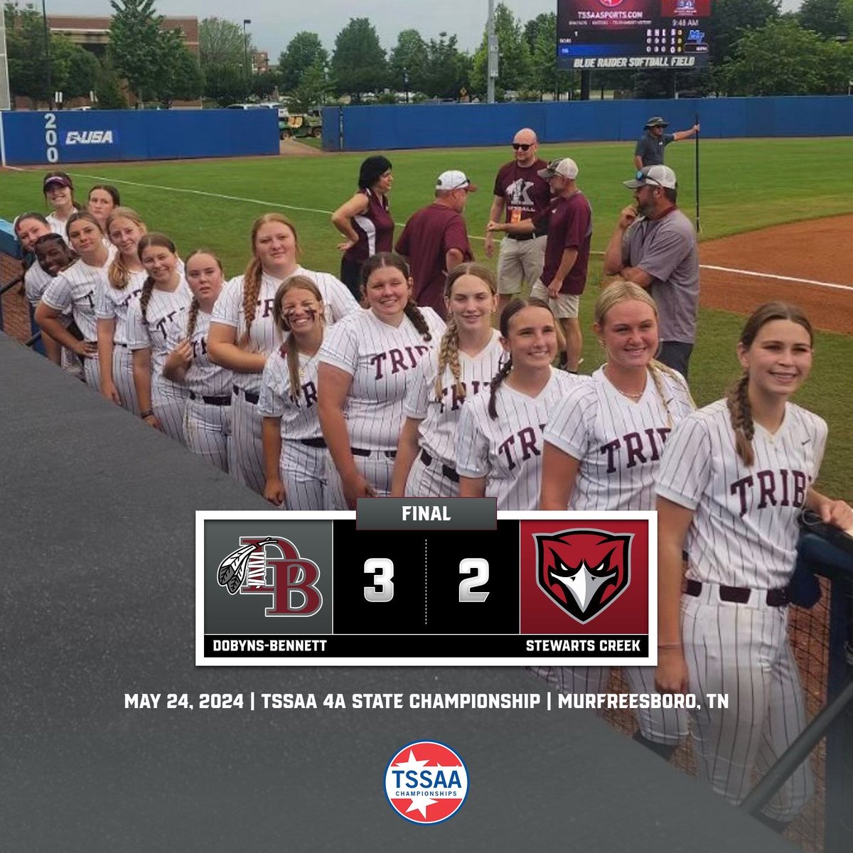 FINAL | Lady Indians Softball 🥎 
(TSSAA 4A State Championship)

Your 2024 Dobyns-Bennett Lady Indians are STATE CHAMPIONS 🏆!!! Congratulation, ladies and coaches!!!#RollTribe