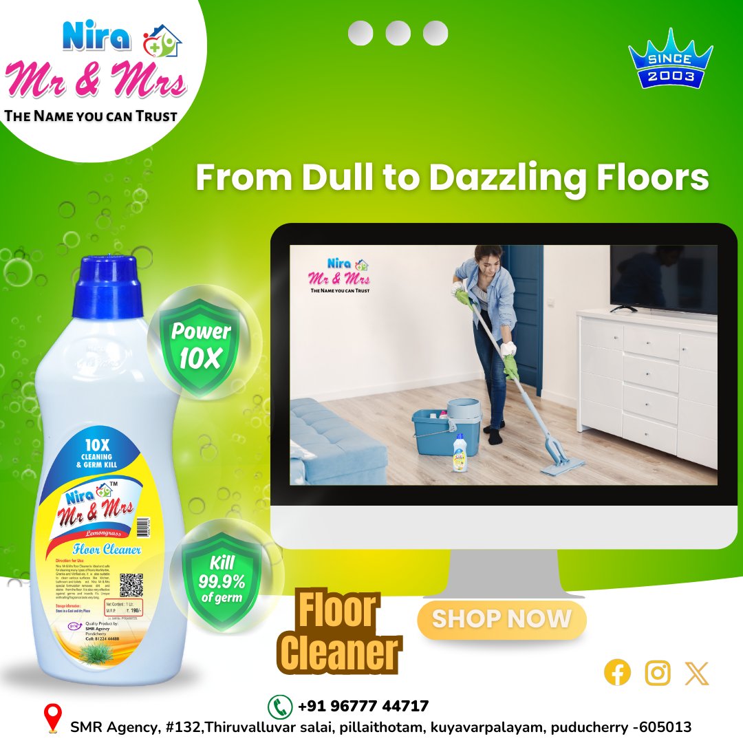 SmrAgency's tweet photo. ⭐Don't let dirty floors bring you down.

 ⭐Our lemon grass-scented floor cleaner is the perfect solution for a clean and refreshing home. 

#lemongrass  #lemongrasshouse #FloorCleaner #NaturalCleaning  #CleanFloors #EcoFriendly  #pothys #pondicherry #FreshSmelling #HomeOasis https://t.co/EVitIEvsOO