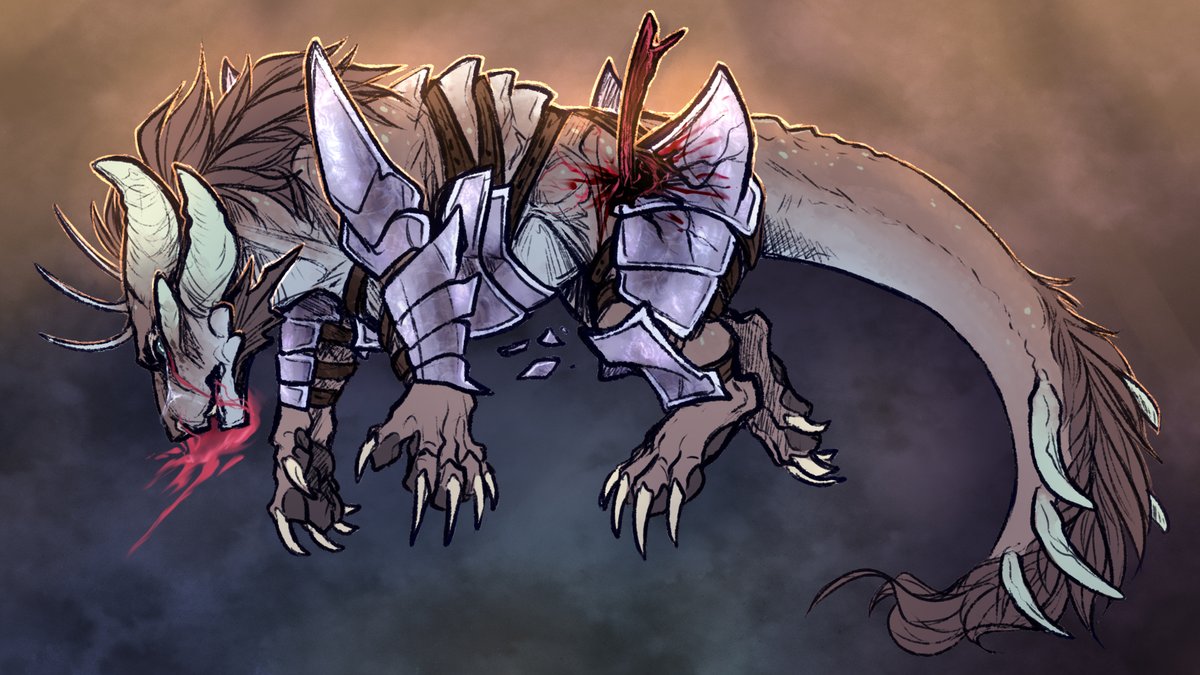 Forgot to post this final frame from my last animation! 

Context: Uovos is not dead [yet], but paralyzed from the neurotoxin in the wyvern's dislodged tail barb tip. It pierced right through the armor - not too useful in retrospect.

tw: blood

#DrakaImperium #dragonart