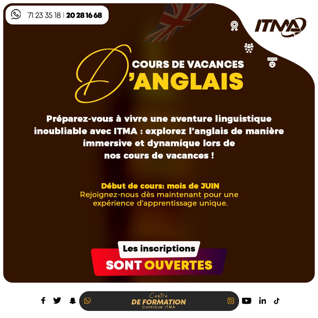 ItmaInstitut's tweet image. ✨ Découvrez notre Cours Intensif d&apos;Anglais en Juin! 

Inscrivez-vous maintenant et donnez un coup de boost à vos compétences linguistiques! 📚

#CoursDeVacances 
#InscriptionsOuvertes