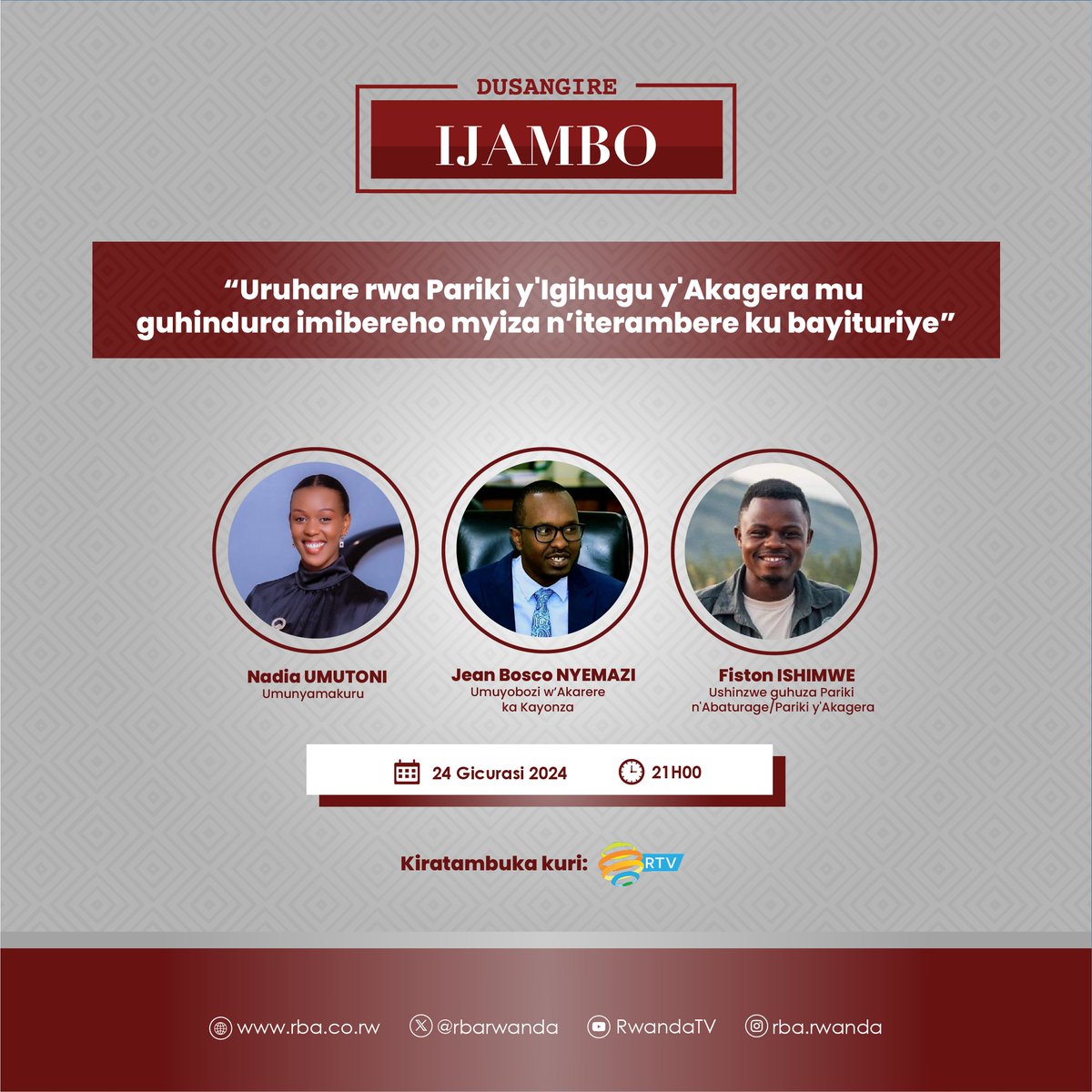 Pariki y'Igihugu y’Akagera ni icumbi ry'inyamaswa 5 nini z'inkazi bituma ikurura ba mukerarugendo benshi bayisura. 

Mu Kiganiro Dusangire Ijambo turaganira ku ruhare rw'iyi pariki mu guhindura imibereho myiza n'iterambere ry'abayituriye. #RBAAmakuru