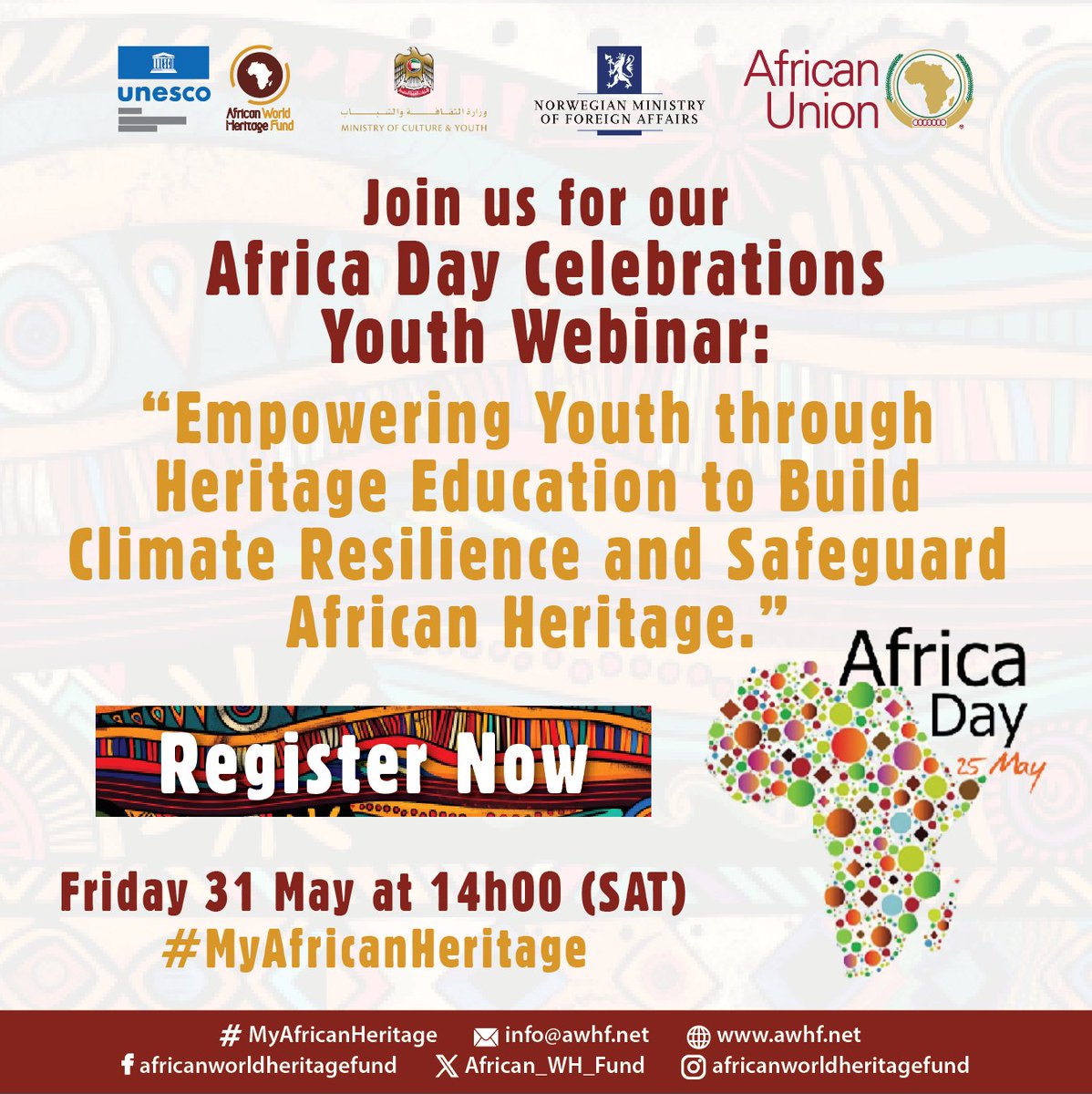 🌟📚 Join us for an inspiring youth webinar: 📅 Date: Friday, May 31st, 2024 🕒 Time: 2 PM South African Time 📣 English, French, Portuguese 📍 Register now to secure your spot here: us06web.zoom.us/meeting/regist… #AWHF #AfricaDay #YouthEmpowerment #MyAfricanHeritage
