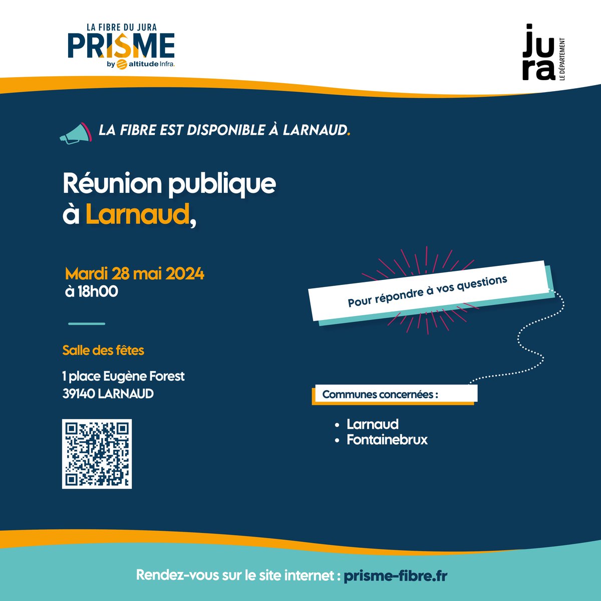 [#RÉUNIONPUBLIQUE]

Nous vous donnons rendez-vous à #Larnaud pour parler #fibreoptique :

📅 Mardi 28 mai à 18h00
📌 Salle des fêtes
1, place Eugène Forest 39140 LARNAUD

↪️Réservez vite votre créneau sur notre site :

prisme-fibre.fr/reunion-publiq…