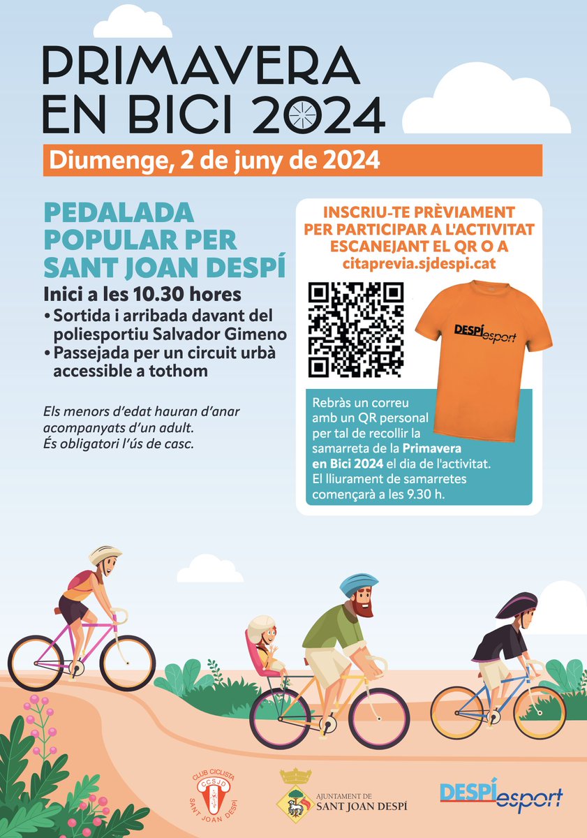 #AgendaSJD 🚴‍♂️🚴‍♀️T'apuntes a pedalar per la ciutat? 📅Diumenge 2 de juny, gaudirem de #SantJoanDespí sobre dues rodes amb la Primavera en bici, una pedalada familiar que recorrerà tots els barris. 👉Fes la inscripció a la Primavera en bici al web citaprevia.sjdespi.cat