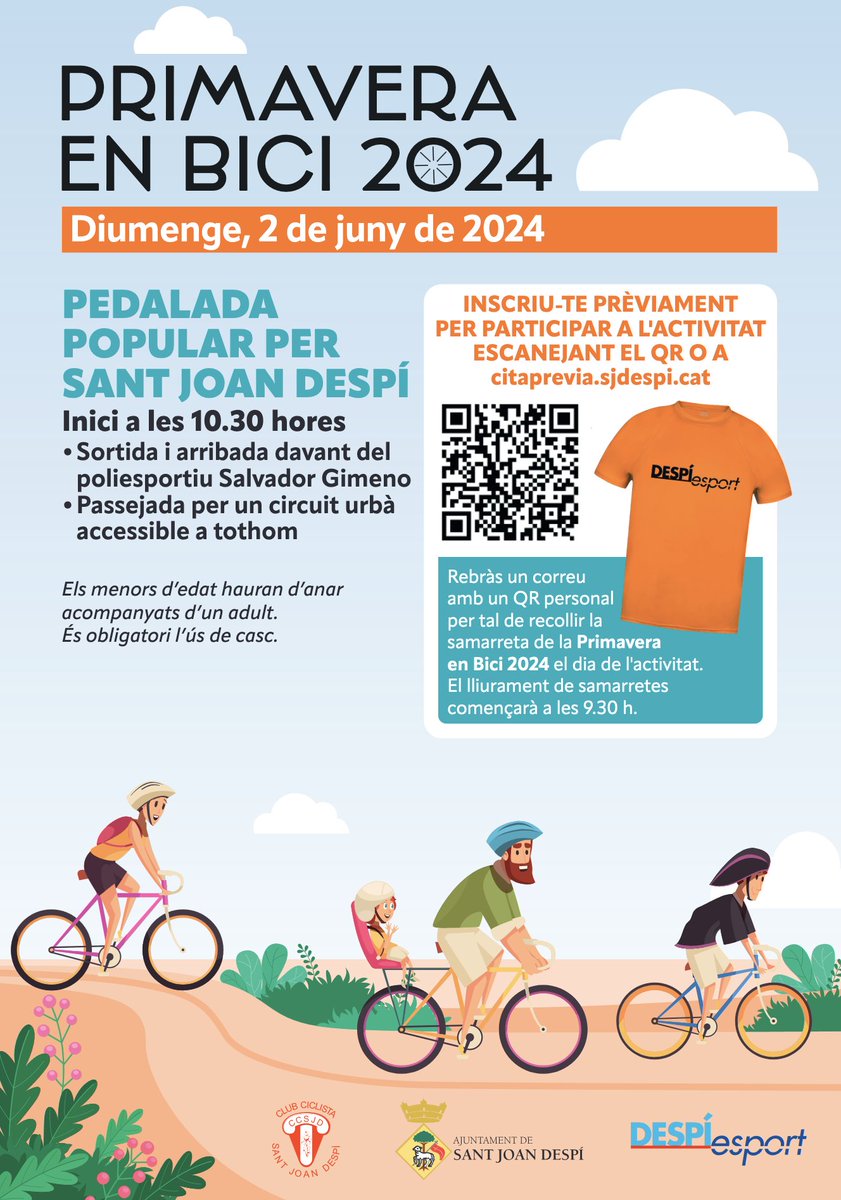 #AgendaSJD 🚴‍♂️🚴‍♀️T'apuntes a pedalar per la ciutat? 

📅Diumenge 2 de juny, gaudirem de #SantJoanDespí sobre dues rodes amb la Primavera en bici, una pedalada familiar que recorrerà tots els barris.

👉Fes la inscripció a la Primavera en bici al web citaprevia.sjdespi.cat