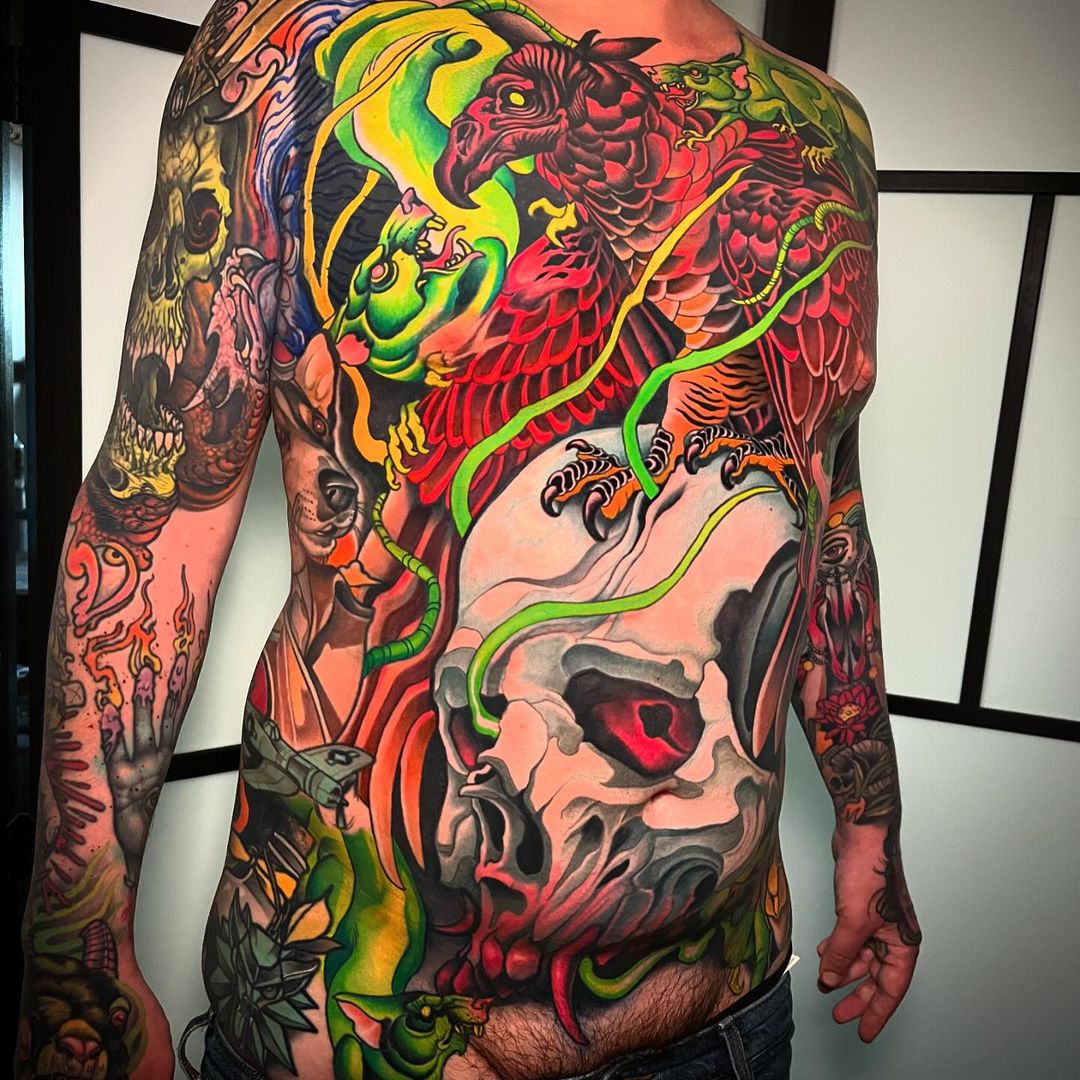 Awesome neo-traditional piece from Johnny Domus with Killer Ink tattoo supplies! #tattoo #neotrad