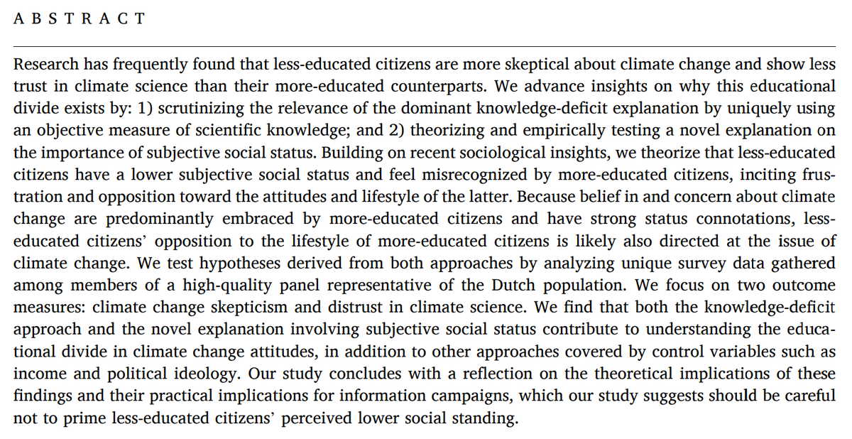 How can the educational divide in climate change attitudes be understood? 🎓🌍

Our new article in <a href="/GEC_Journal/">Global Environmental Change</a>, with Anne Hoekstra, <a href="/WillemDeKoster/">Willem de Koster</a>, and Jeroen van der Waal, tests the role of scientific knowledge and subjective social status. 1/6

👉 sciencedirect.com/science/articl…
