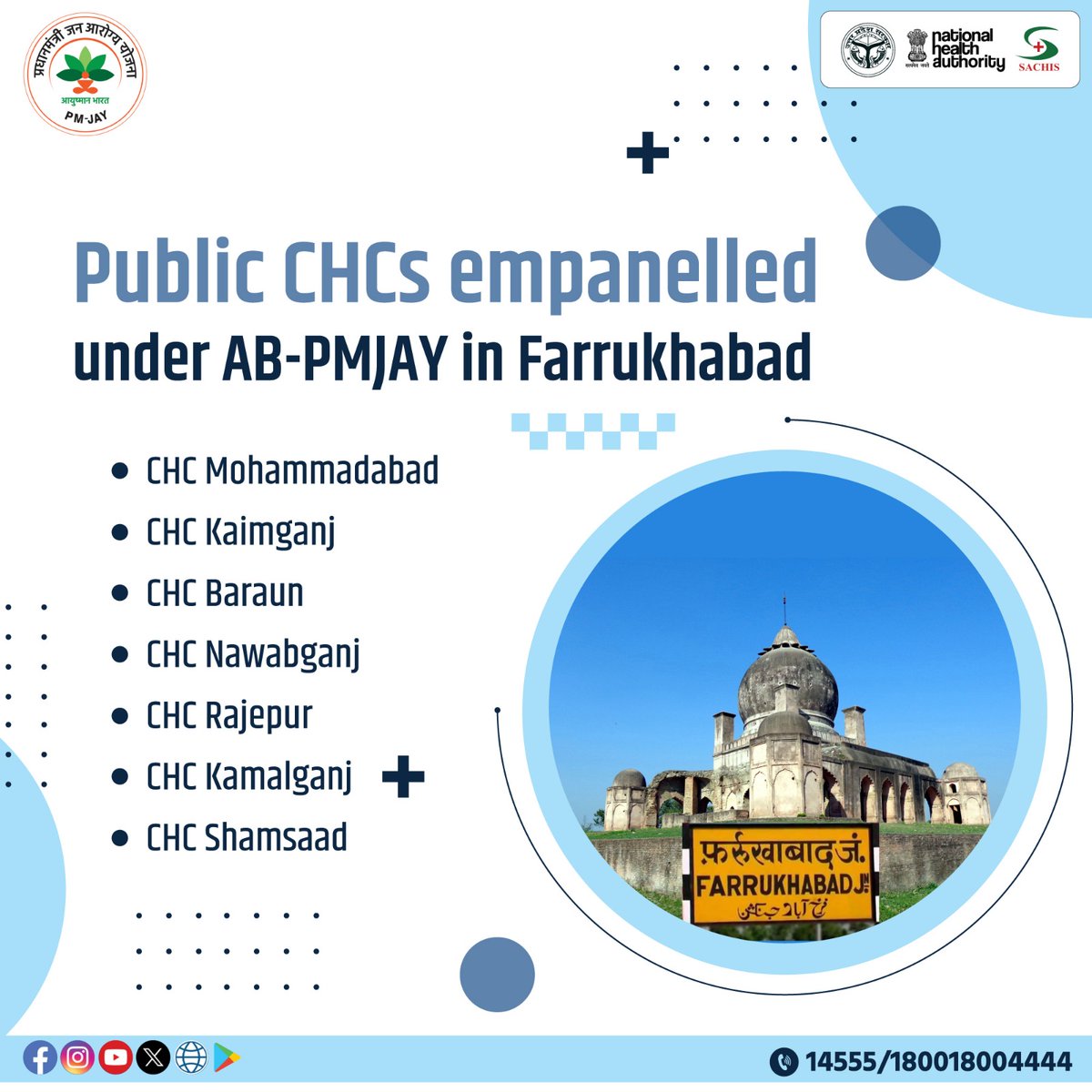 Obtain your #AyushmanCard from the nearest Community Health Centre (CHC) if you require treatment under #PMJAY while in #Farrukhabad. Below is a list of CHCs available in Farrukhabad.

#HealthcareAccess #communityhealthcentre @AyushmanNHA @nhm_up @Sangeet82530151 @Sen2Partha