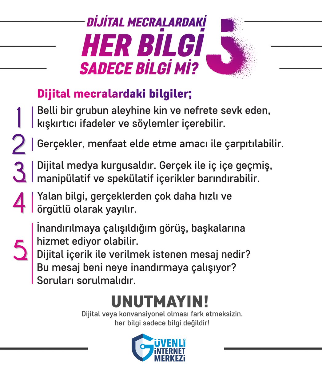 🔵Dijital mecralarda karşılaşılan her bilgiye inanmadan önce sorgulamamız gereken 5⃣ madde☑️ 🔗guvenliweb.org.tr/galeri-detay/d… #güvenliinternet