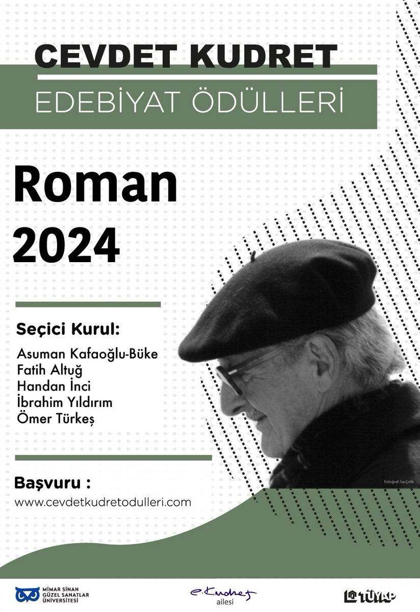 Üniversitemizin, Cevdet Kudret ailesi ve TÜYAP iş birliğinde yürüttüğü Cevdet Kudret Edebiyat Ödülleri bu yıl “Roman” dalında verilecektir.
Seçici Kurulu Asuman Kafaoğlu-Büke, Fatih Altuğ, Handan İnci, İbrahim Yıldırım ve Ömer Türkeş’ten oluşan ödülün başvuru koşulları için: