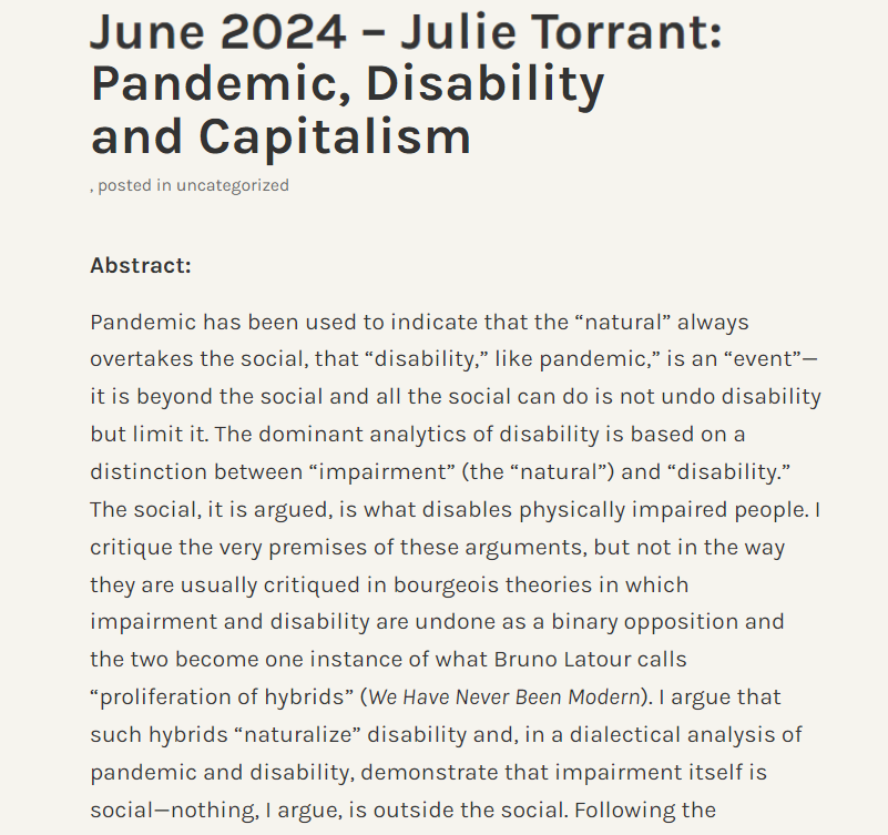 MarxDisability's tweet photo. Tue, 4th June 2024
6.30pm - 8pm BST
Online
Really pleased to share with you Julie Torrant's abstract for the June MDN talk on 'Pandemic, Disability and Capitalism'
https://t.co/AIkynLAN62
#DisabilityTwitter #Marxism #MarxismDisability https://t.co/ViXnLfP05r