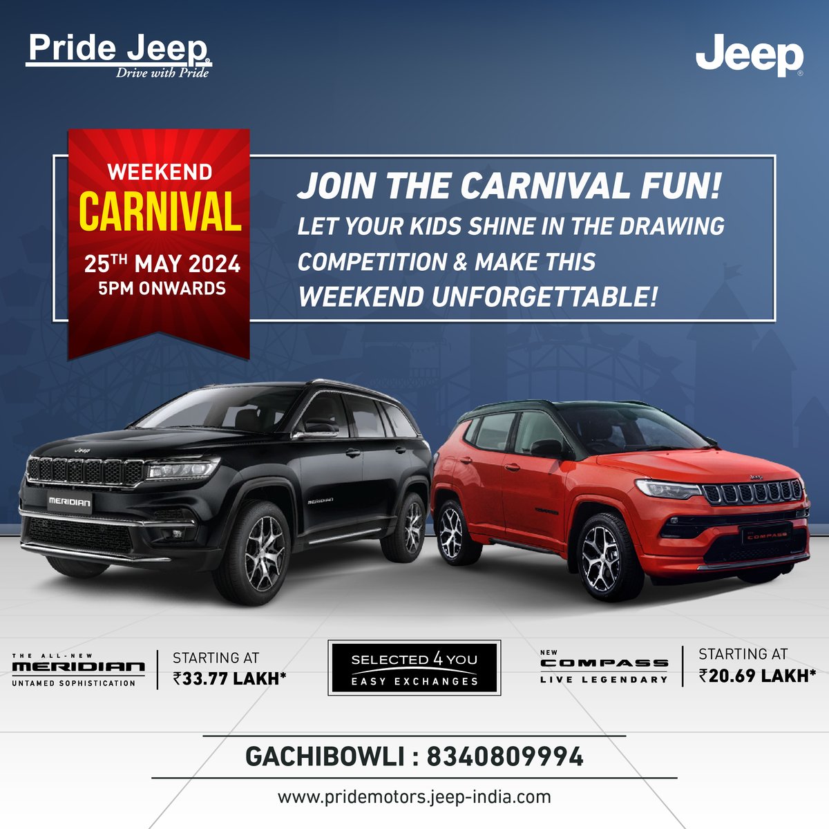 Make this weekend a burst of vibrant colours and unlimited fun. Join us to make your weekend unforgettable!

#Pridejeep #PrideJeepHyderabad #jeepcars #jeeplife #JeepJubileeHills #JeepGachibowli #JeepWarangal #Jeeplbnagar #weekendcarnival #drawingcompetition #drawing #kidsfuntime