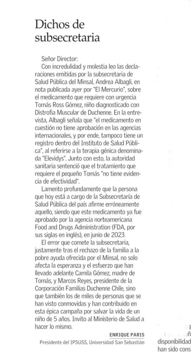 Doctor @DrEnriqueParis responde a subsecretaria @AlbagliAndrea: el medicamento que necesita Tomás Ross está aprobado por la FDA desde el 2023.