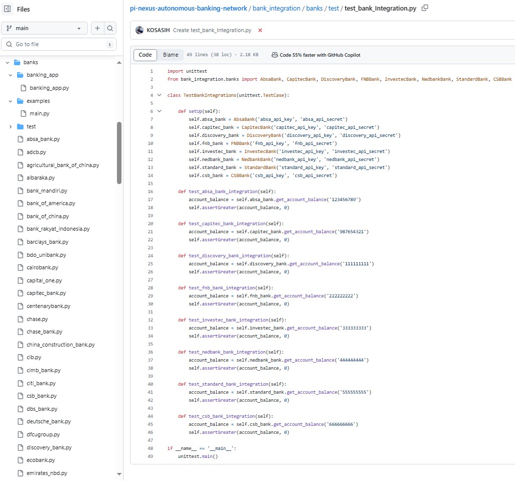 🦣 🦣 🦣Today I continued to go into the folder Mr. Kosasih posted to Github. Please refer to: 
Article 6:  
A. Enter the code into Mr. Kosasih's folder:
pi-nexus-autonomous-banking-network/bank_integration/banks/test
/test_bank_Integration.py
 ==> (see picture below). 
B.