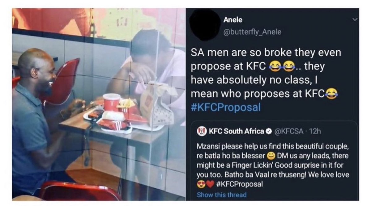 yeskiri's tweet photo. KFCでプロポーズした貧乏カップルを馬鹿にするジャーナリストのツイートを受けて、カップルを探していたKFCに続いて続々と、宝石会社がリングを、旅行会社はハネムーンを、アウディは送迎、コカコーラは結婚式の飲み物、その他企業がTVや電気代一年分や、ギフトを申し出る事態に

こういう展開大好き https://t.co/lRsc6BCMyA
