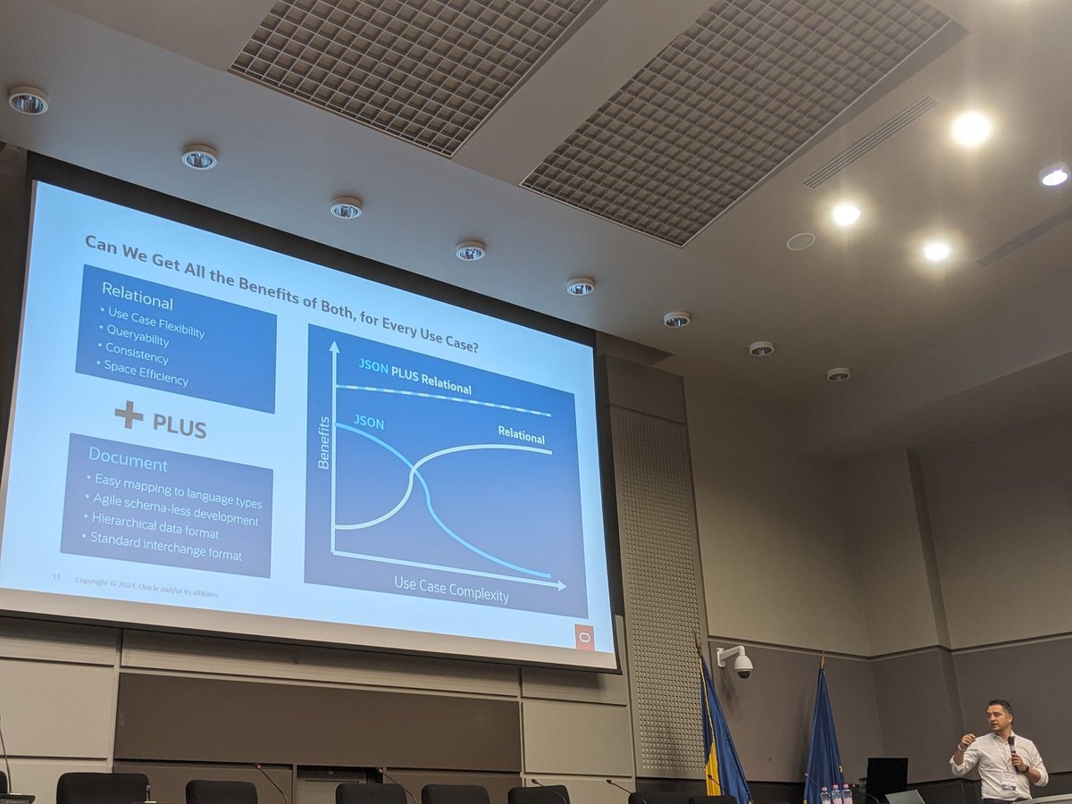 Closing session at #contech2024 is about Having a different view: JSON Relational Duality View, with @AManoliu21 on stage.