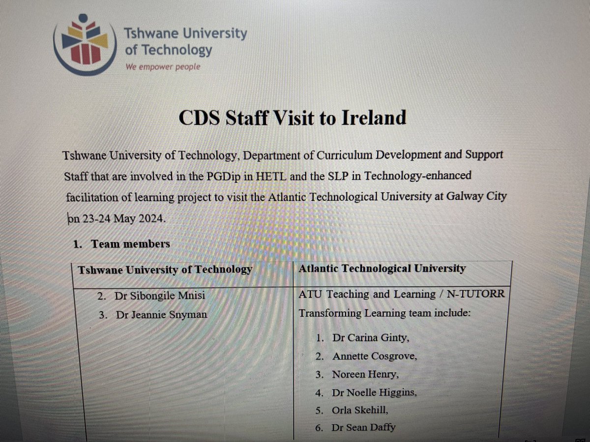 carinaginty's tweet image. Wonderful to have Tshwane University of Technology @THENSAZA with us in @atu_ie this week - ATU sharing our knowledge & expertise #digitaltransformation #digitalteachingandlearning strategies @ntutorr project supporting South Africa training plans for staff development in TEL🇮🇪🇿🇦