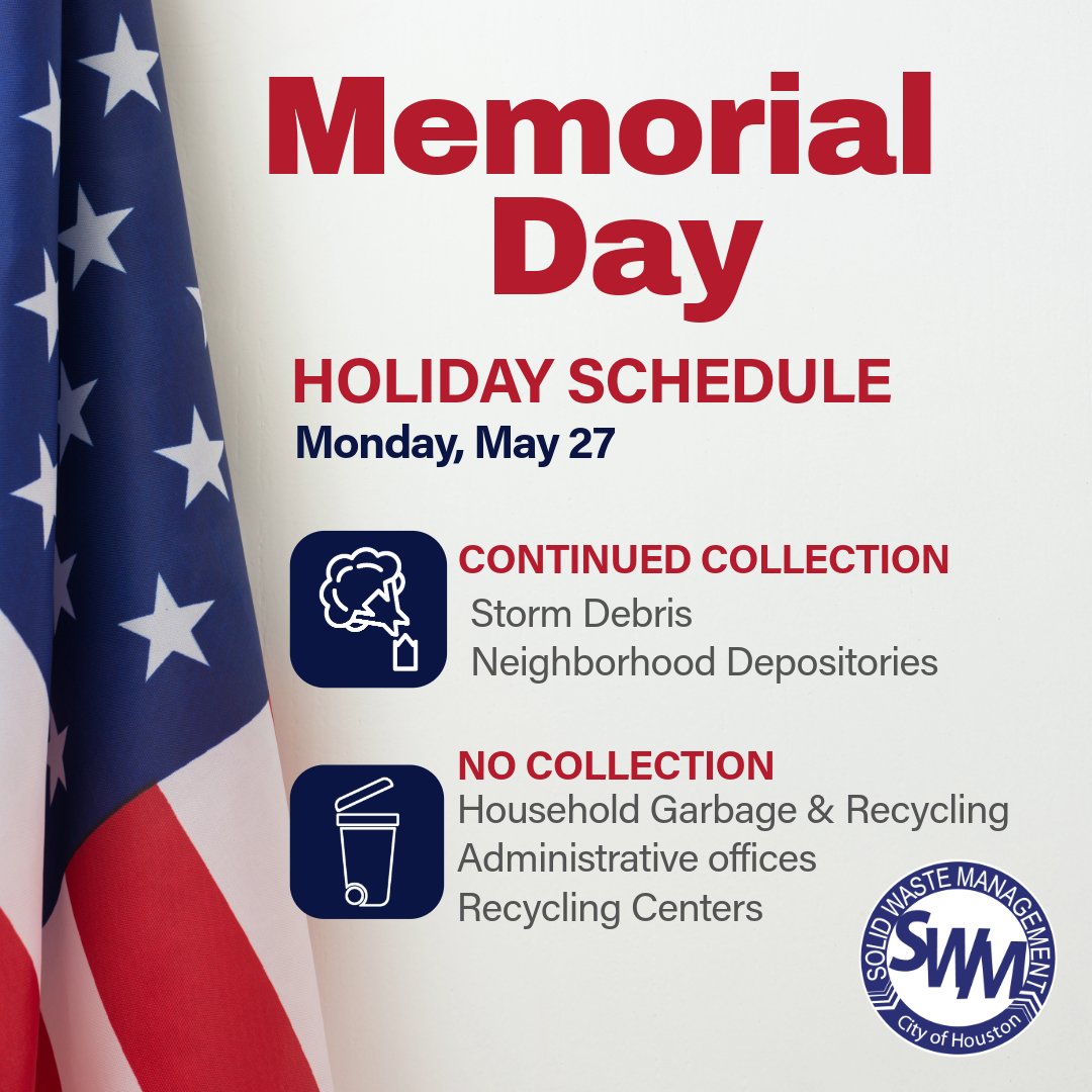 #SWMD crews will continue to collect storm debris in all neighborhoods on Memorial Day (5/27). All 6 Neighborhood Depositories will be open from 10 am to 7 pm. There will be no additional curbside collections and all other SWMD facilities will be closed. bit.ly/3UTY39R