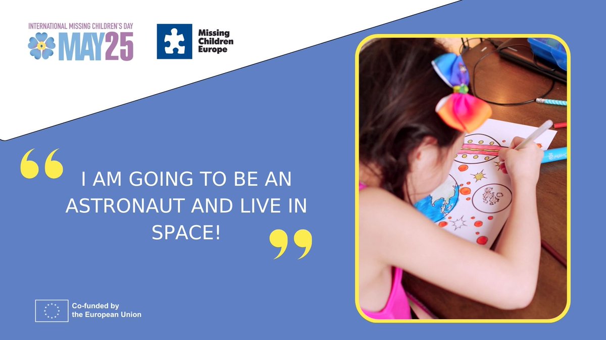 MissingChildEU's tweet photo. Children who go missing leave behind unfulfilled dreams. #MissingDreams captures these aspirations, urging us to unite in support. Join the cause to bring light to their futures 🌠

Learn more: https://t.co/mLIQN0Nn0O

#MissingChildren #IMCD2024 https://t.co/QHNqywKlWc