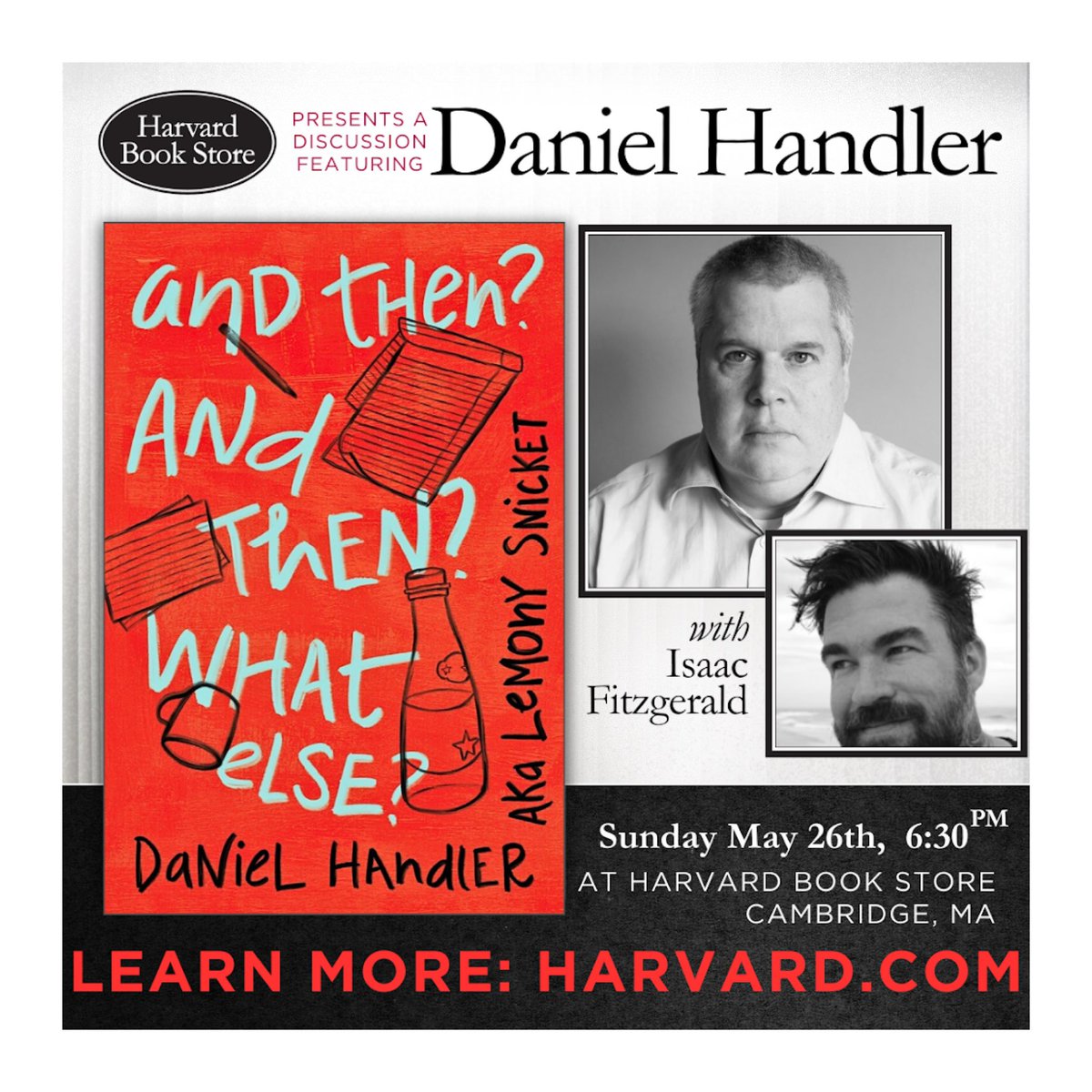 Boston! I adored @DanielHandler’s new memoir SO MUCH. Come have yourself some fun with us this Sunday evening at Harvard Bookstore.