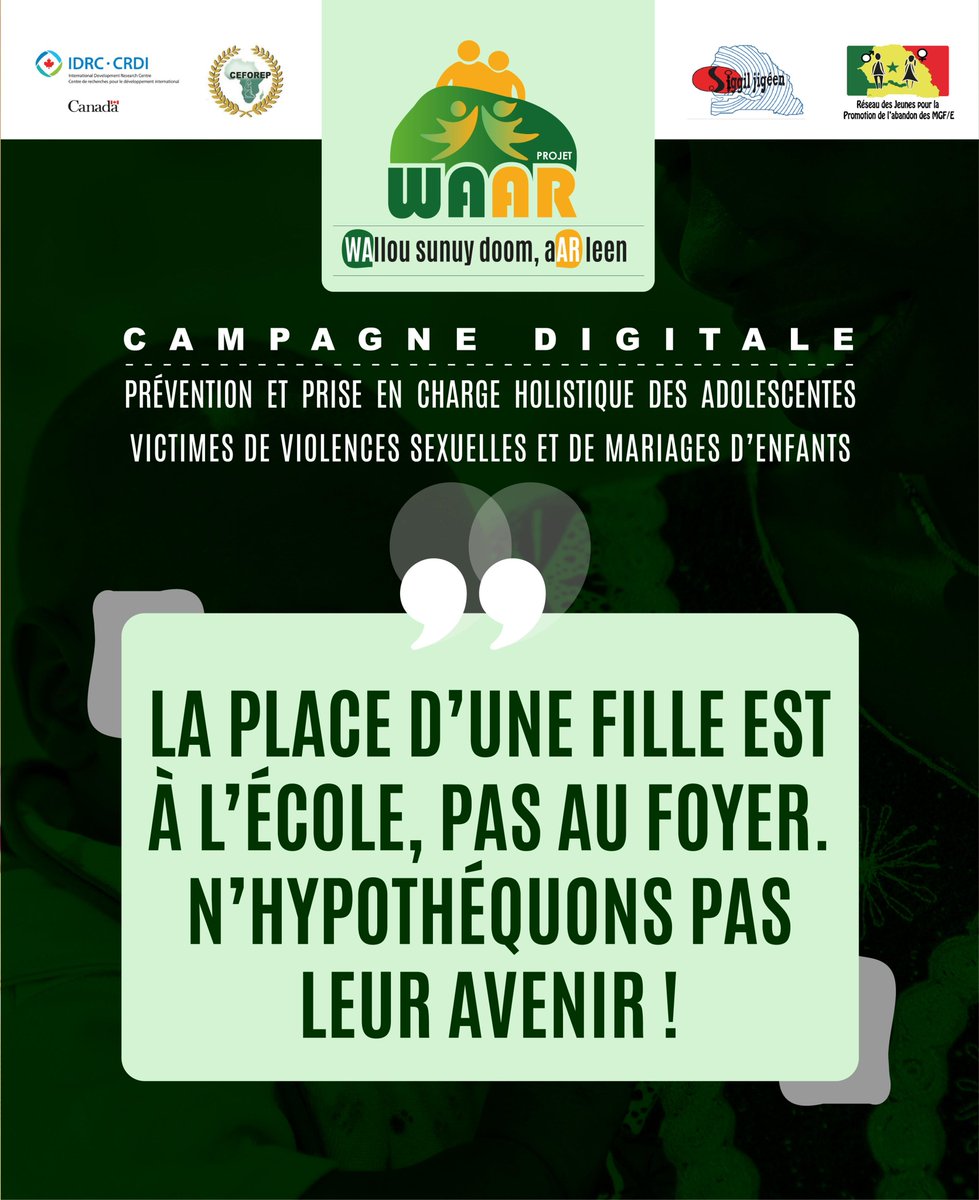 La place d'une fille est à l'école, pas au foyer. Ne compromettons pas leur avenir. Engageons-nous à garantir l'éducation de toutes les filles pour un futur meilleur. Cette campagne est financée par @IDRC_CRDI 
#StopMGF #ÉliminationMGF #StopVBG #StopMariageEnfants #hyacinthecoly