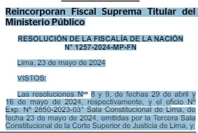 #AHORA Esta es la resolución de hoy de la fiscalía de la Nación, firmada por Juan Carlos Villena, que reincorpora como fiscal suprema titular a Zoraida Ávalos tras resolución de la Tercera Sala Constitucional. Además, se le designa en la Segunda Fiscalía Suprema Penal.