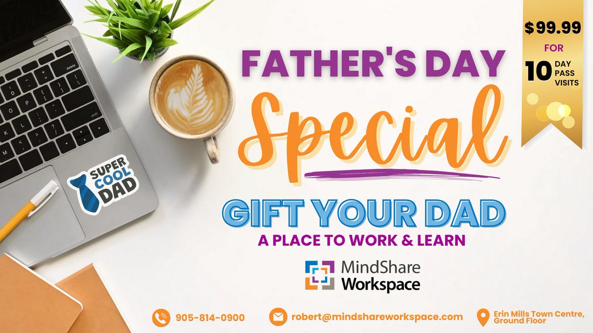 🎉 Celebrate Father's Day with a special offer from our coworking space! Treat dad to productivity and inspiration with a 10-day pass for just $99.99. Give the gift of a dynamic workspace where he can thrive! Grab yours today! @MindShareLearn