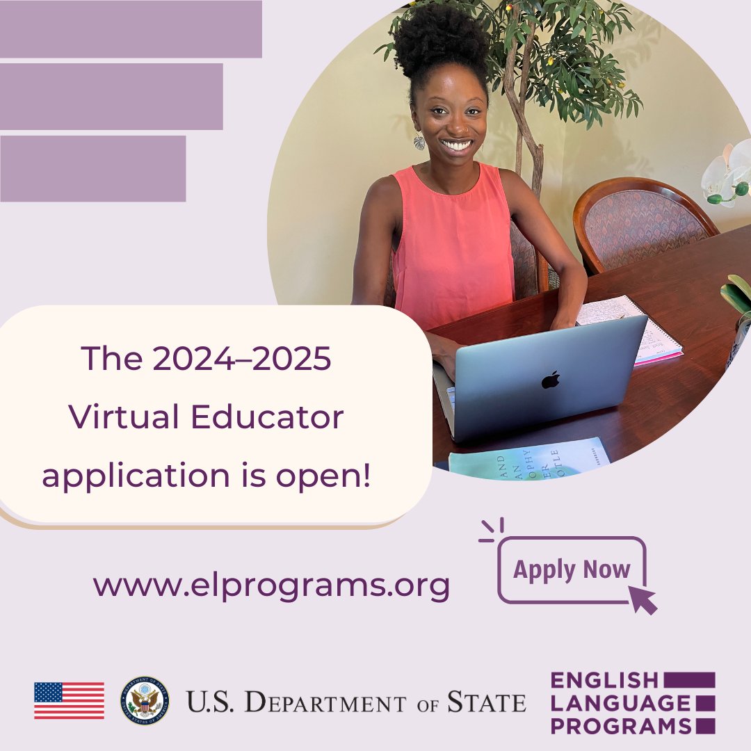 ELPrograms's tweet photo. Are you interested in #OnlineTeaching, teacher training, and cultural exchange? The Virtual English Language Educator Program application is open to experienced U.S. ESL/EFL professionals.

✨Apply today at https://t.co/L8wPuEPmuV for projects in 2024–2025!✨ https://t.co/GD2ZcTmGEw