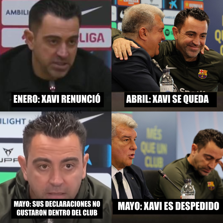 InvictosSomos's tweet photo. ◾️ 27 de enero: Xavi comunicó su decisión de no continuar como DT del FC Barcelona pensando en lo mejor para el club catalán. 
◾️ 25 de abril: Después de varios meses pidiéndole que se quede, el presidente Joan Laporta, anuncia formalmente, casi entre lágrimas y a los abrazos, la continuidad de Xavi como entrenador del Barça.
◾️ 15 de mayo: Xavi declaró abiertamente que la situación económica del FC Barcelona es muy complicada como para competir contra clubes como el Real Madrid y otras potencias europeas.
◾️ 24 de mayo: Joan Laporta le informa a Xavi Hernández su destitución. 

Xavi renunció, le pidieron que siguiera, anunciaron formalmente que se quedaba en conferencia de prensa, declaró que la situación económica de la institución blaugrana era difícil y, al final, lo terminaron echando. Todo esto en menos de 4 meses. 

Imposible gestionar peor las cosas.

PAPELÓN HISTÓRICO.