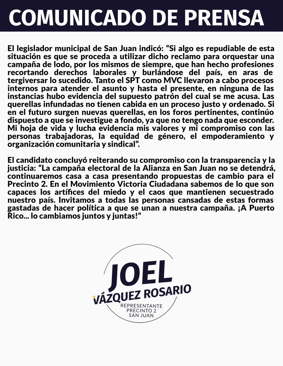 jvazquez_pr's tweet photo. COMUNICADO DE PRENSA

Joel Vázquez Rosario, candidato a Precinto 2 de San Juan por el Movimiento Victoria Ciudadana (MVC), responde a alegaciones infundadas de acoso laboral https://t.co/IDu5Drsqmd