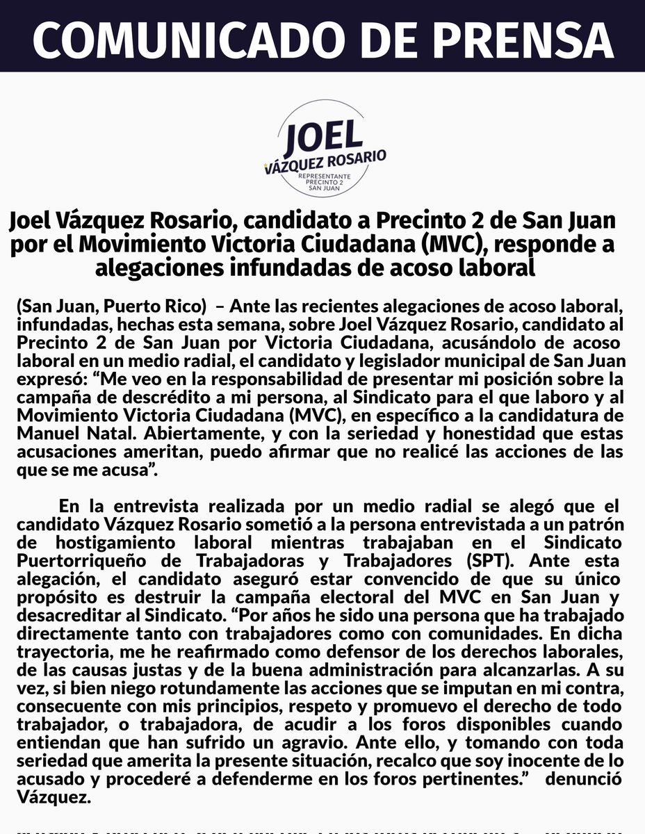 jvazquez_pr's tweet photo. COMUNICADO DE PRENSA

Joel Vázquez Rosario, candidato a Precinto 2 de San Juan por el Movimiento Victoria Ciudadana (MVC), responde a alegaciones infundadas de acoso laboral https://t.co/IDu5Drsqmd